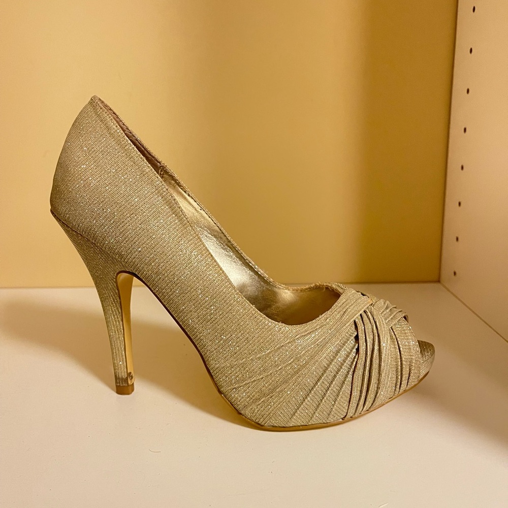 Gold Peep-Toe High Heel Pumps - Women's Evening Shoes